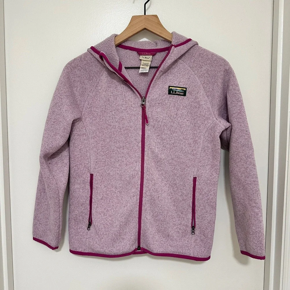 LL Bean | Girls Kids Heathered Purple Full Zip Fleece Hooded Sweater Jacket, M
